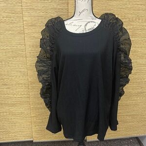 Ashley Stewart Black Ruffle Organza Sleeve Long Sleeve Top